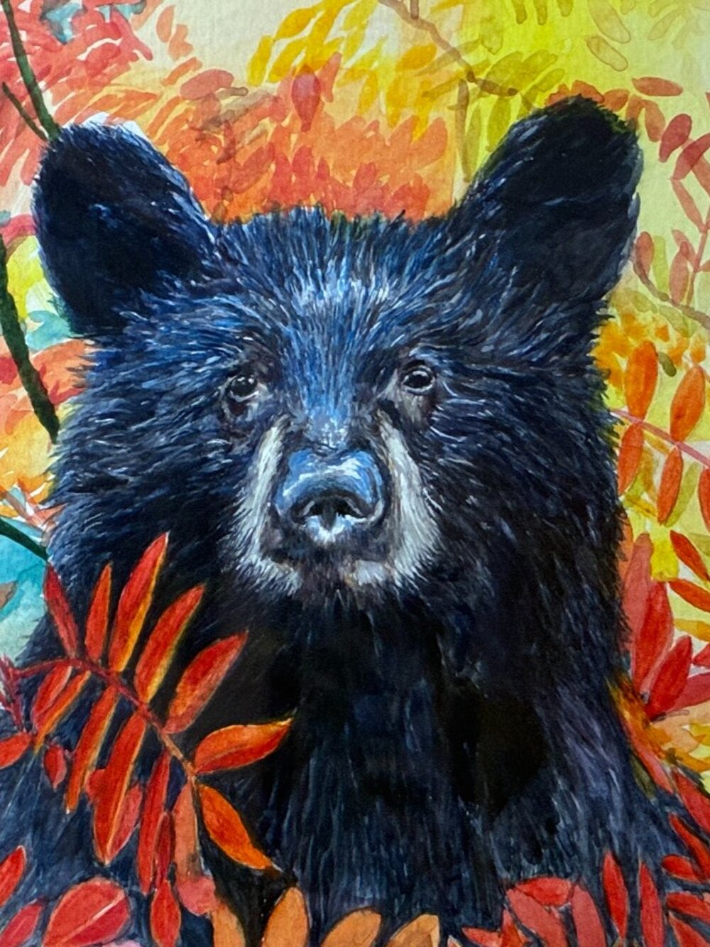 Original Watercolor - Black Bear in Fall Foliage